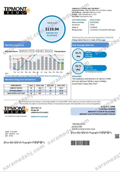 USA Indiana Tipmont utility bill template in Word and PDF format